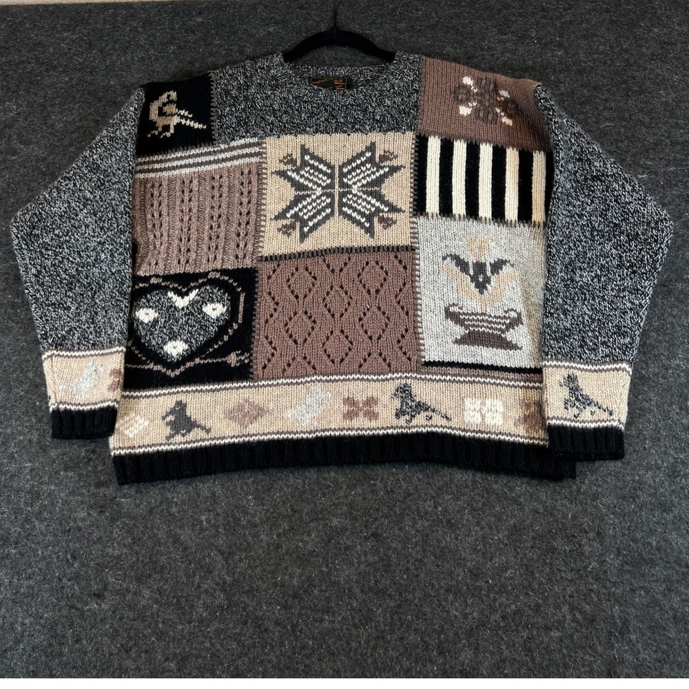 Vintage 90s Eddie Bauer Patchwork Sweater Womens M Wool Blend Snowflake Heart
